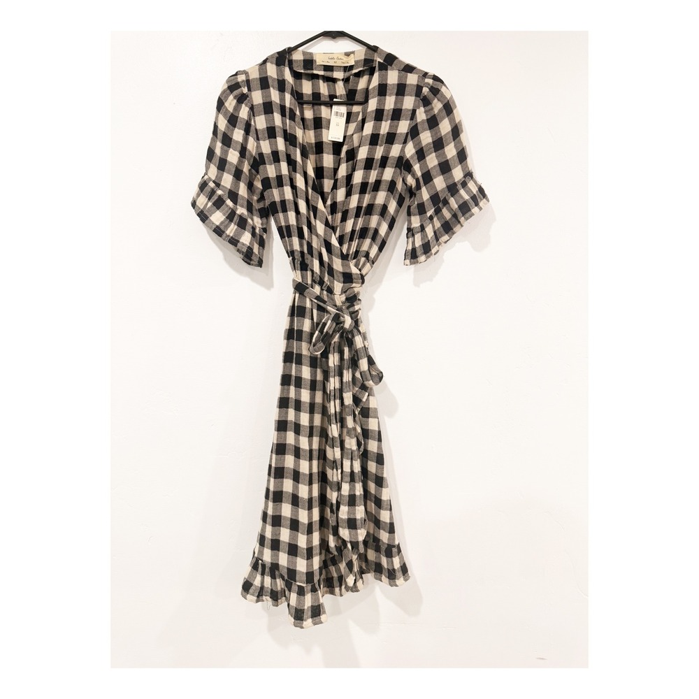Isabella Sinclair Black White Buffalo Check Gingham Ruffle Wrap Dress XS NWT